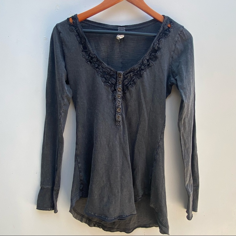 We The Free Black embroidered neck long Sleeve Top